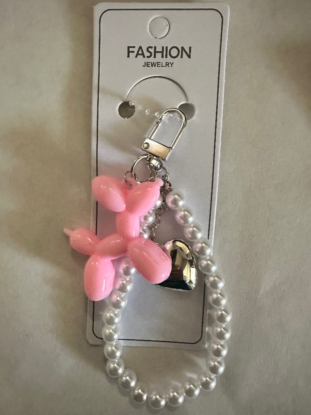 Balloon Dog Keychain w/ Silver Heart & Pearls | Cute Charm Accessory